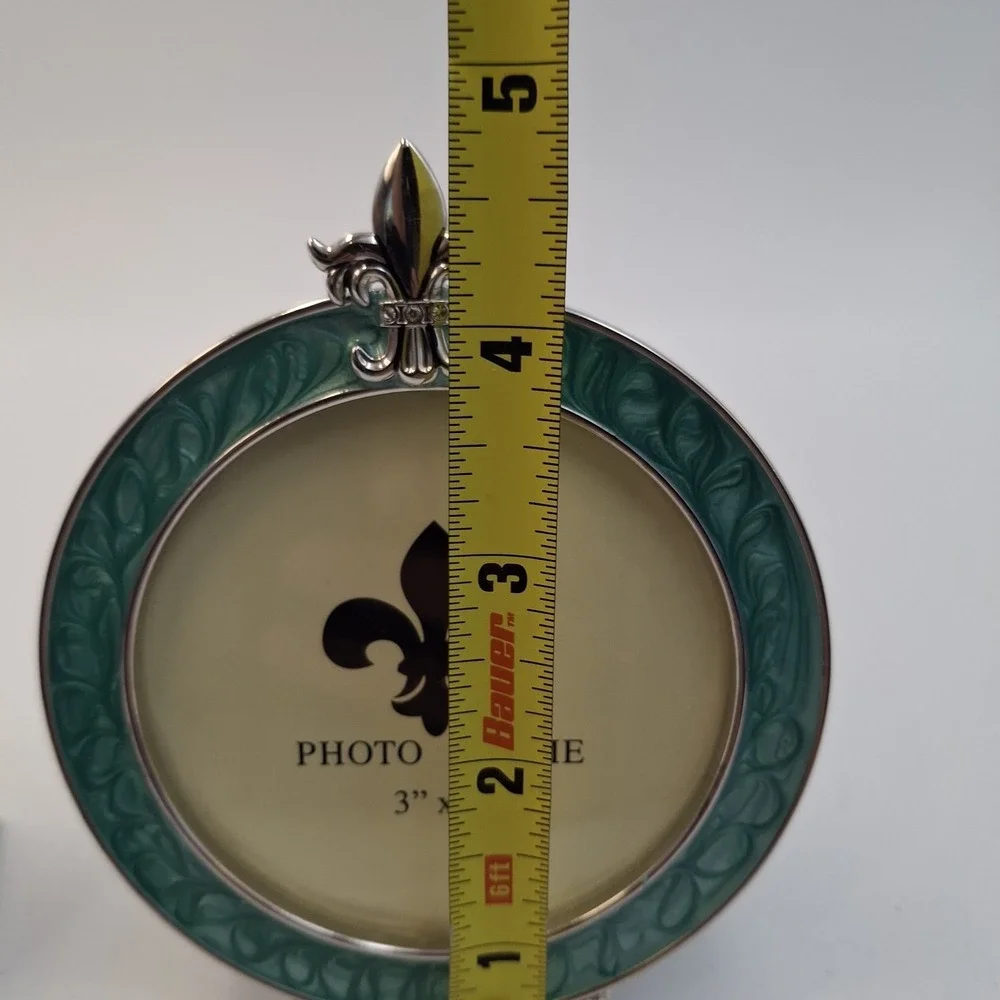 Vintage Fleur De Lis‎ Photo Frame Set Teal Enamel Silver Tone Round Square Mini